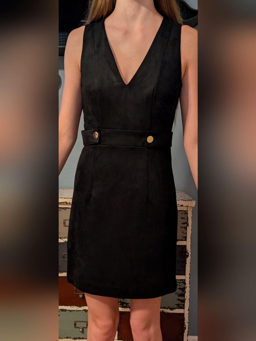 H&M Black V-Neck Sleeveless Dress with Waist Buttons